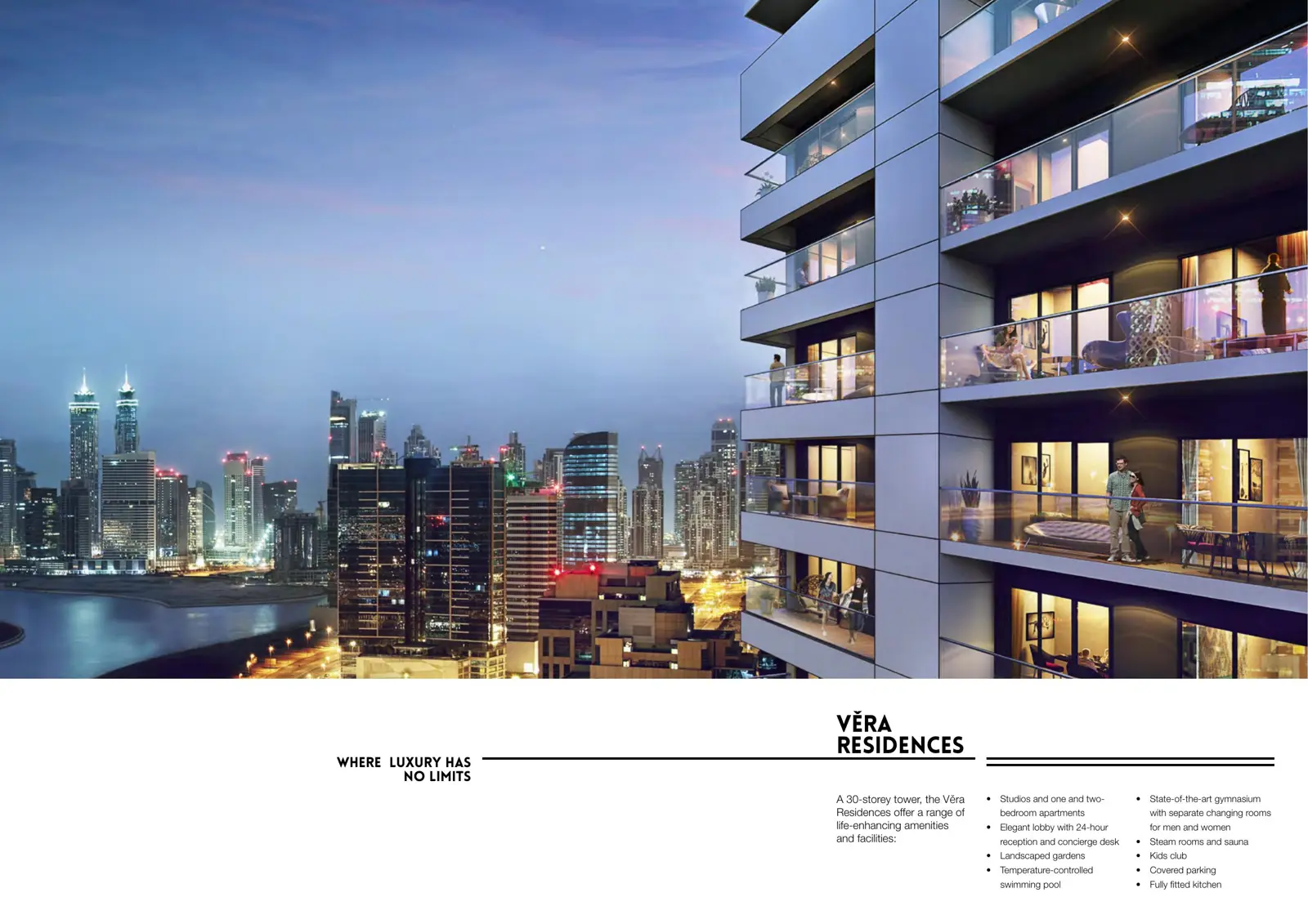 Tower balconies at dusk with Business Bay skyline