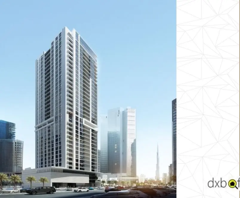 Tower exterior render beside amenities list