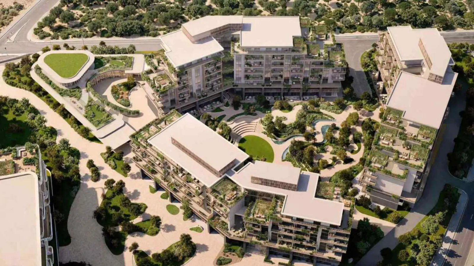 Aerial view of the buildings and gardens