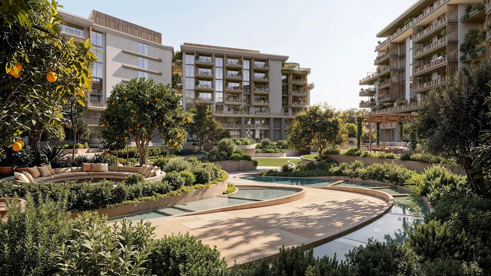 Garden pools and seating before residential buildings