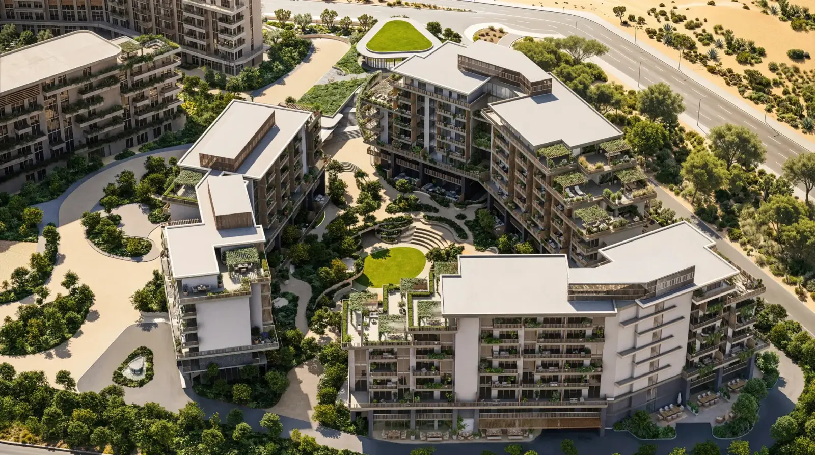 Aerial view of the buildings and central lawn