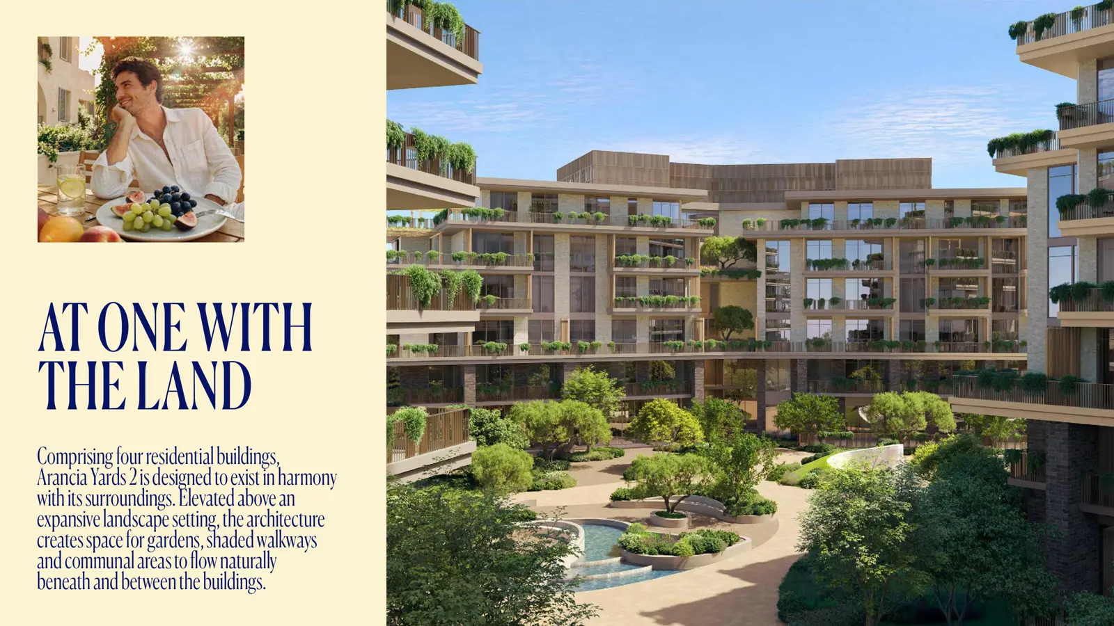 Four-building courtyard with garden and water feature