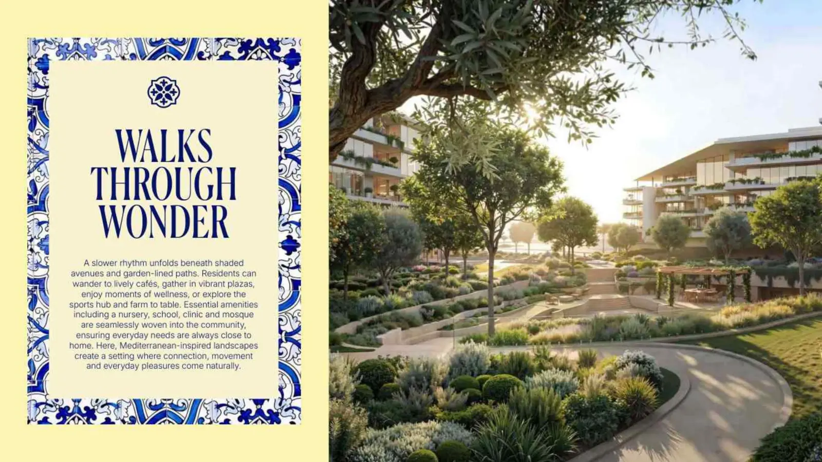 Garden paths and terraced buildings in warm light