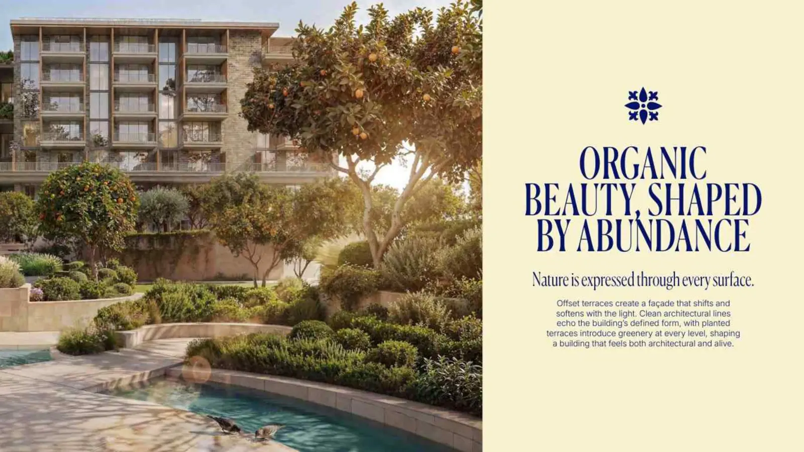 Terraced facade with planted terraces by a water channel