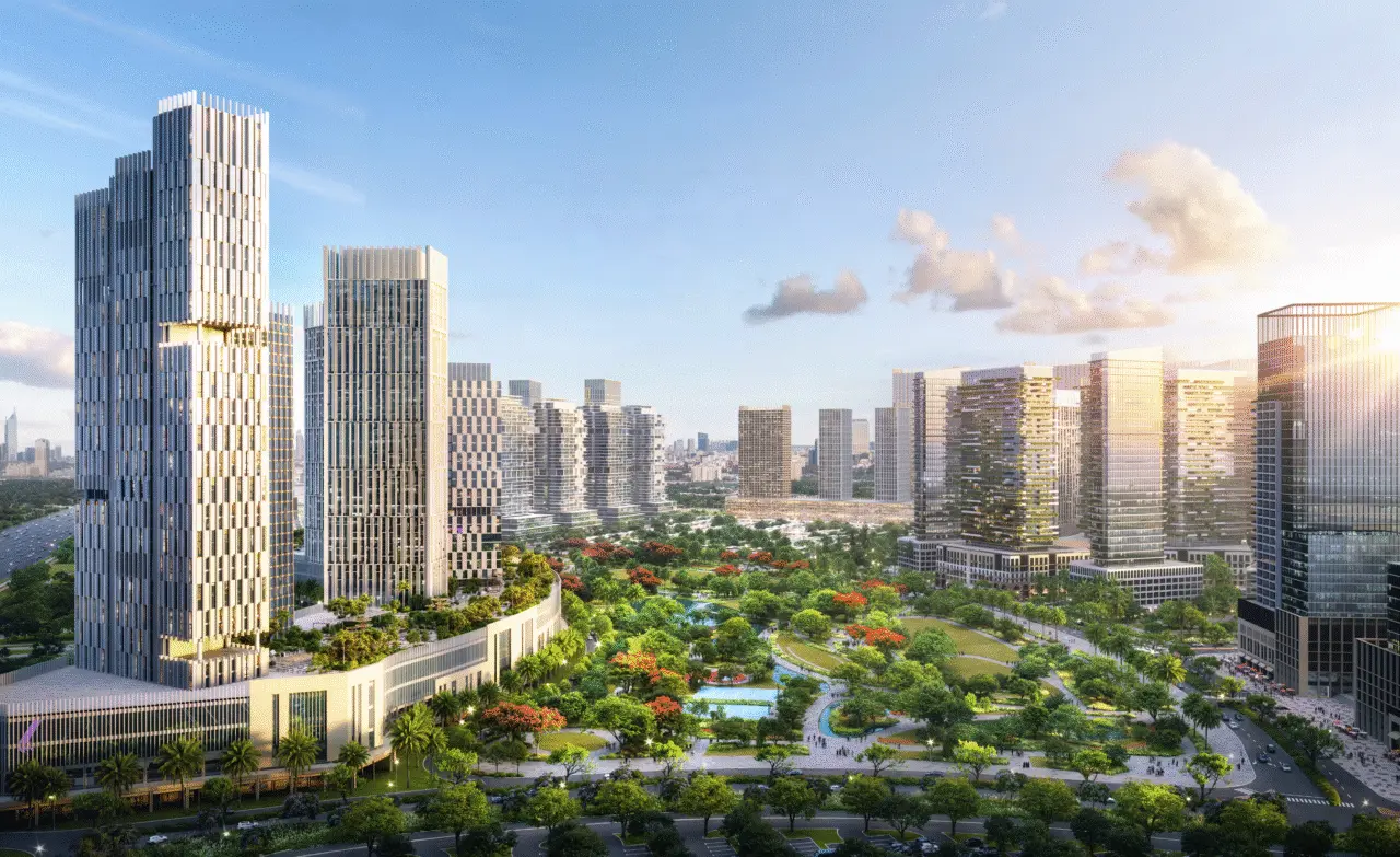 Project picture: Azizi Milan 20. Towers rising above a landscaped park