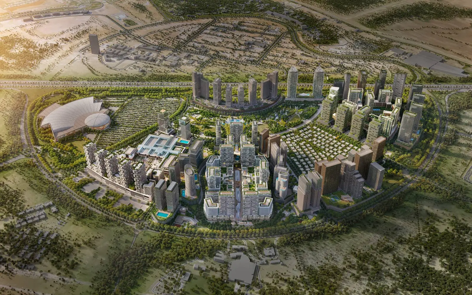 Project picture: Azizi Milan 20. Aerial render of the full district and towers