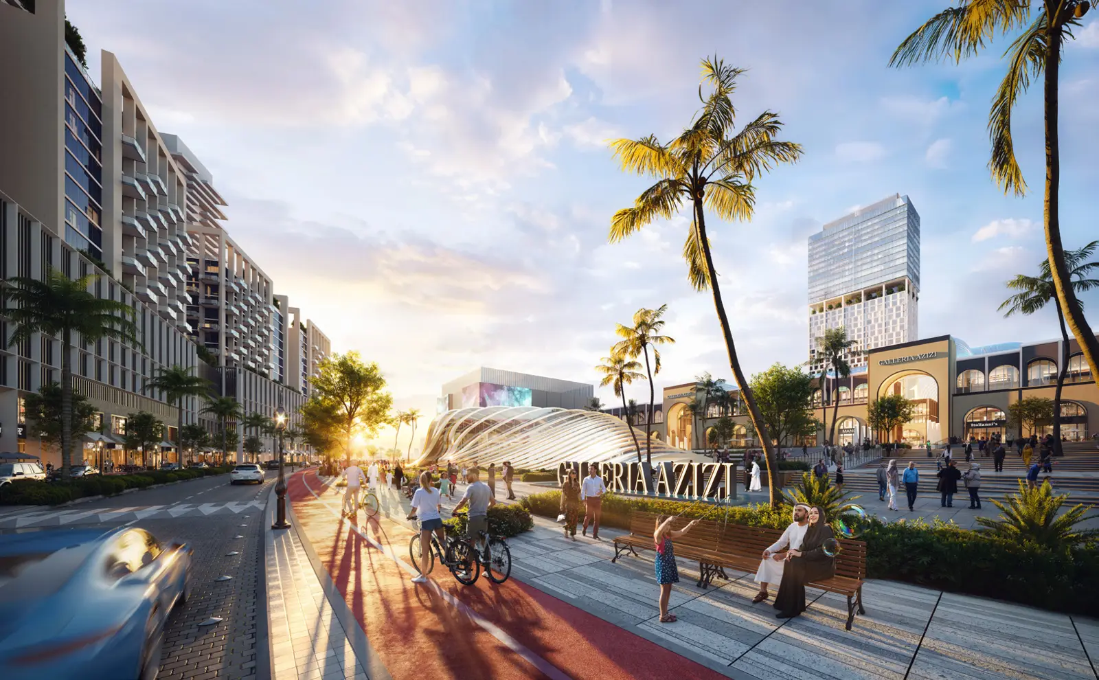 Project picture: Azizi Milan 20. Palm-lined boulevard with Galleria Azizi sign