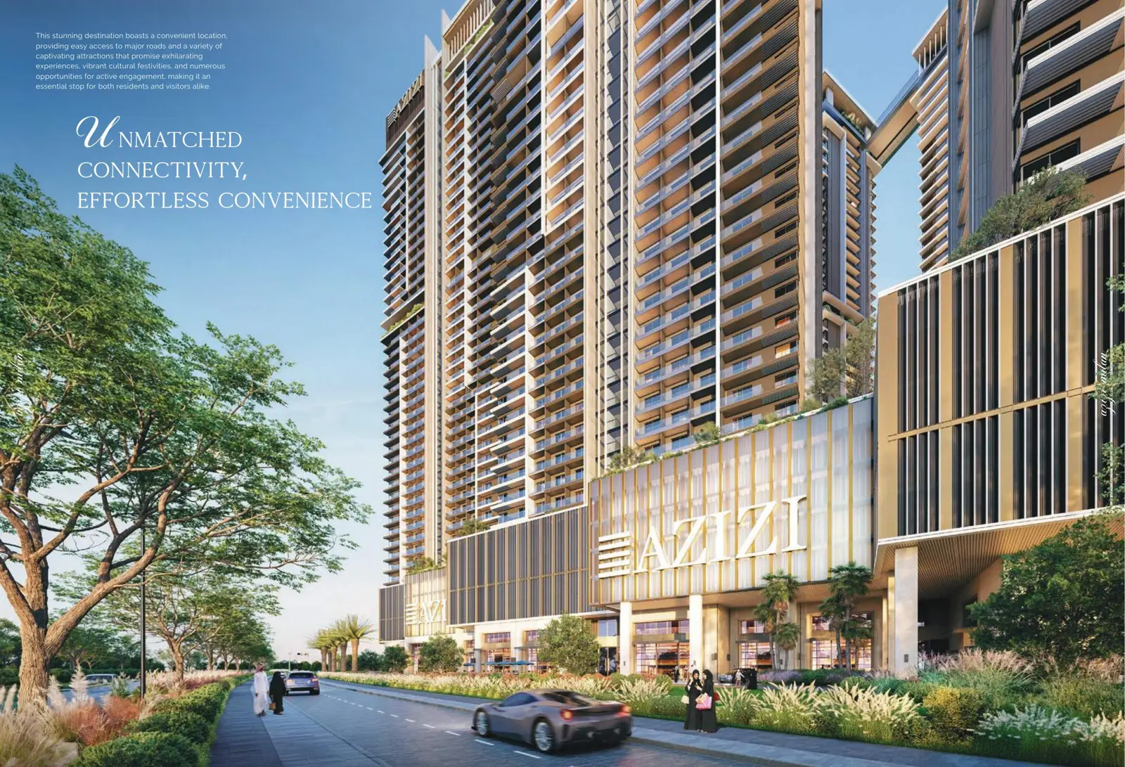 Project picture: Azizi Milan Heights Tower G. Tall tower and podium seen from the street