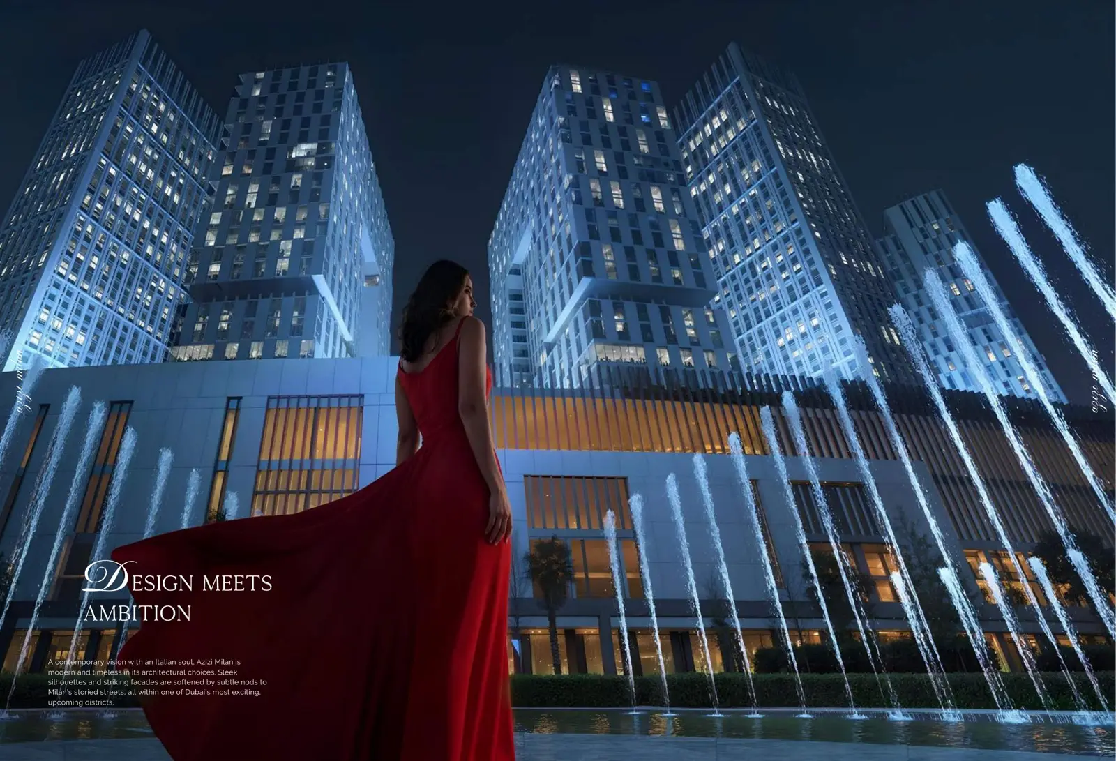 Project picture: Azizi Milan Heights Tower G. Lit towers at night behind a fountain