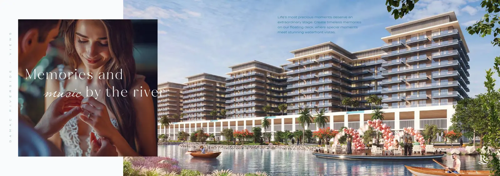 Stepped towers above the waterfront with floating deck