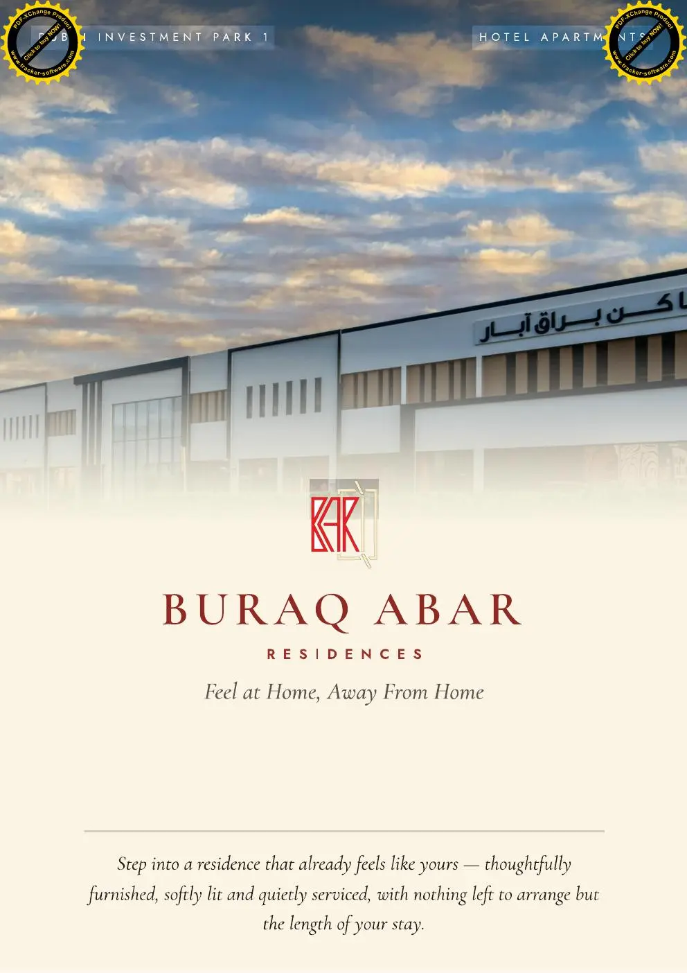 Building facade with Buraq Abar Residences cover title