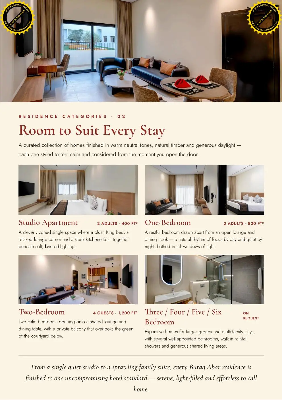 Apartment types: studio, one, two and larger bedroom homes