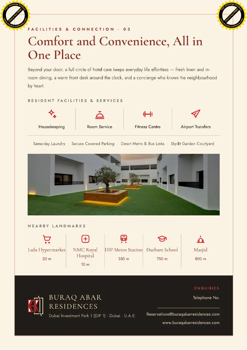 Garden courtyard, facilities and nearby landmarks page