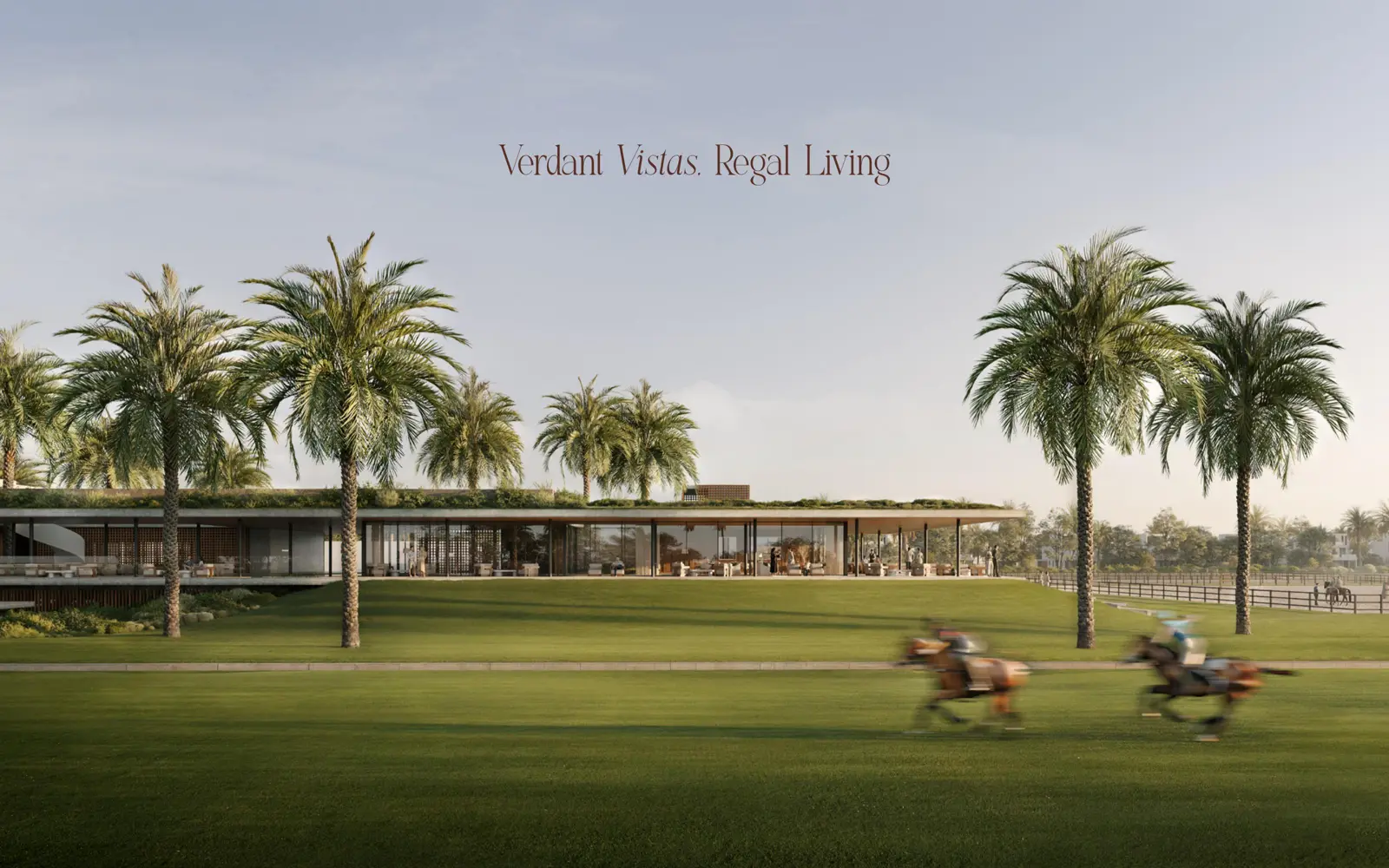 Clubhouse building seen across the polo field