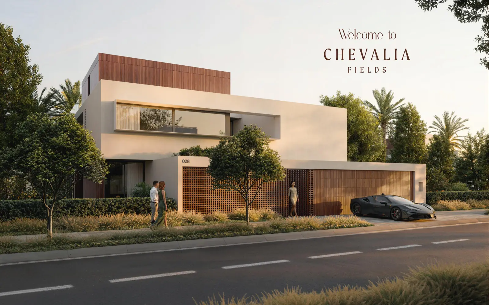 Modern villa with timber screen garage and street view
