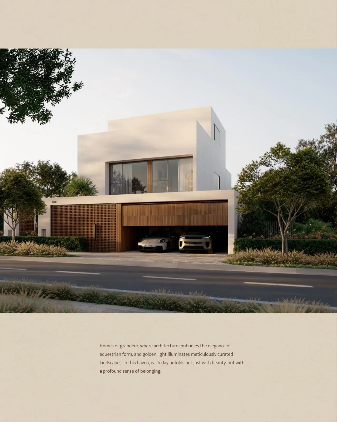 White villa with timber garage on a street