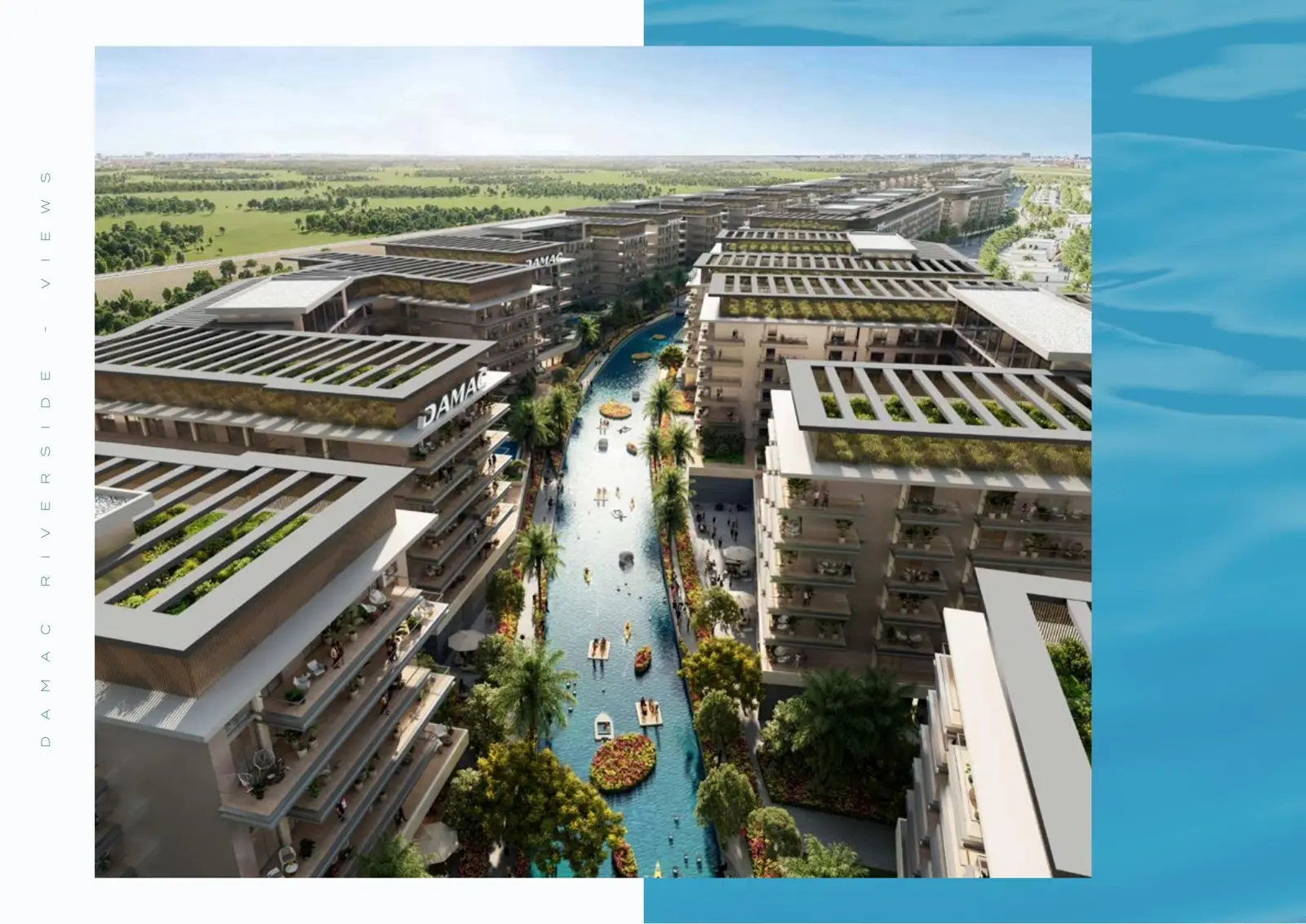 Aerial view of apartment blocks along the river