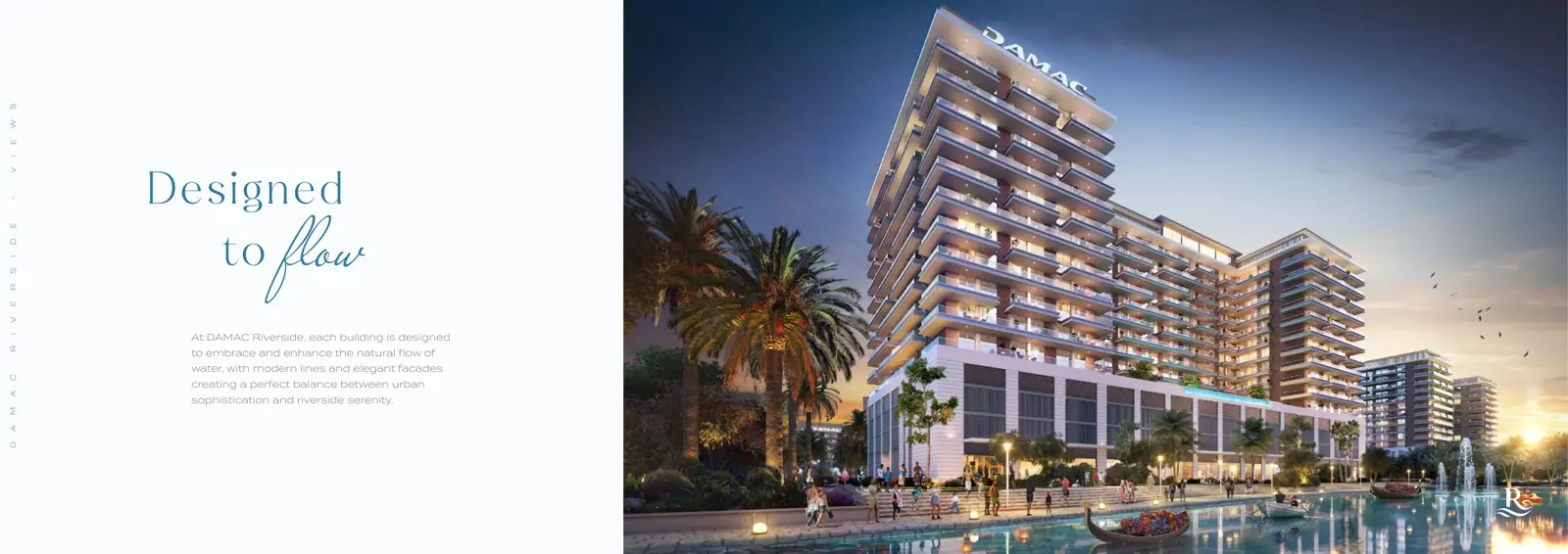 Tall apartment tower at dusk by the lagoon