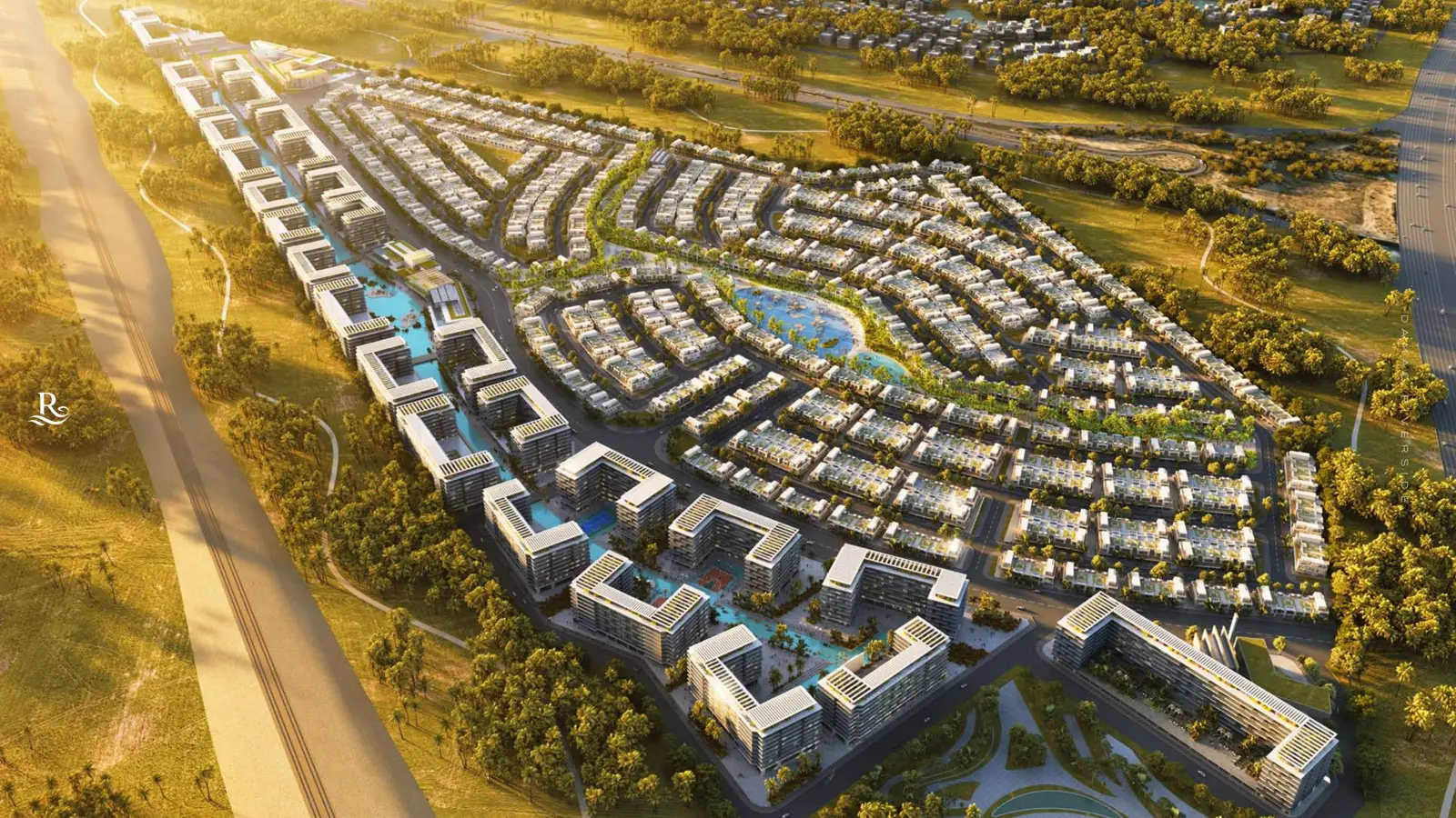 Aerial view of the whole community at sunset