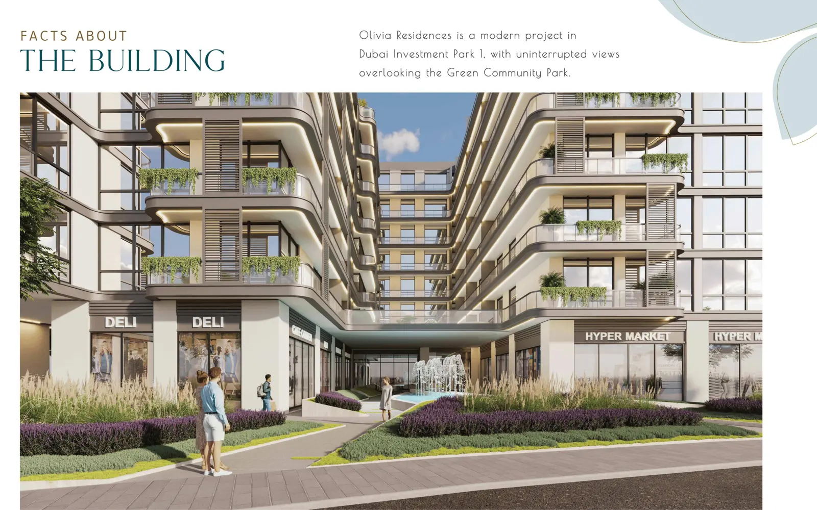 Building facade with shops and fountain entrance