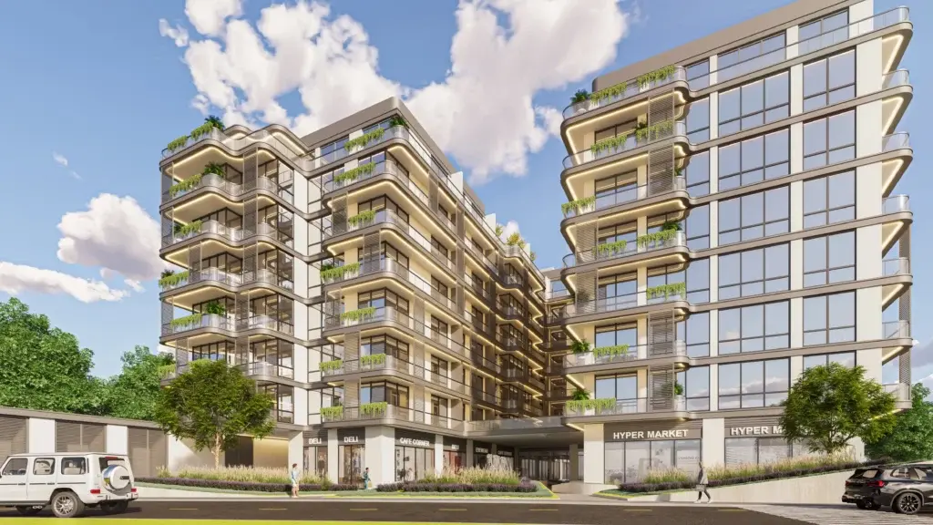 Two building blocks with balconies and hyper market