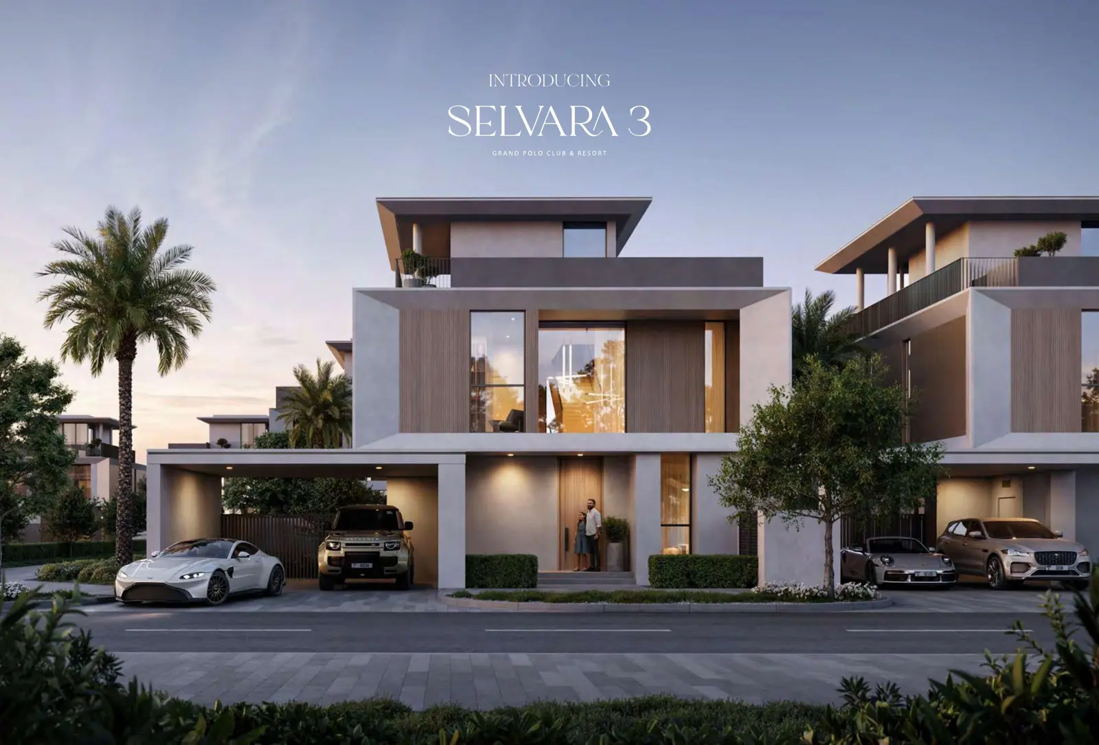 Selvara 3 villa facade at dusk with cars