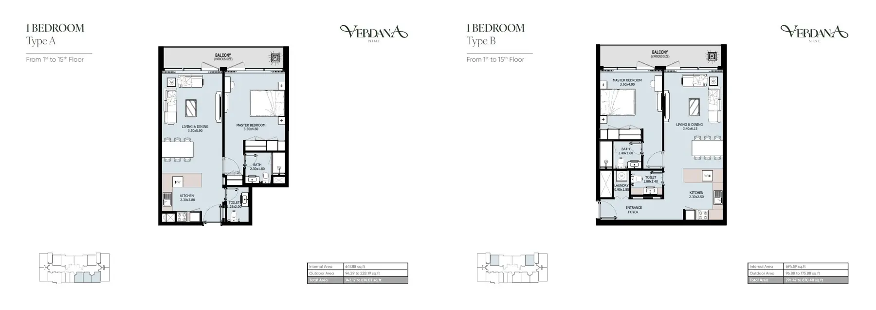 One bedroom Type A and B floor plans