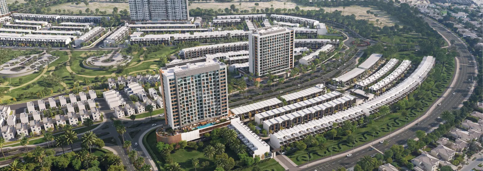 Aerial view of townhouses and two apartment towers