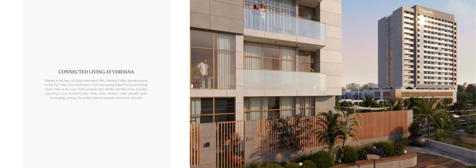 Apartment building balconies with tower in background