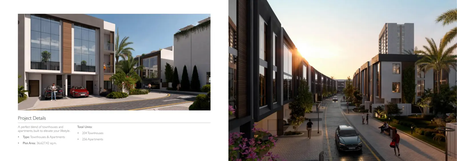 Townhouse street at sunset with apartment tower