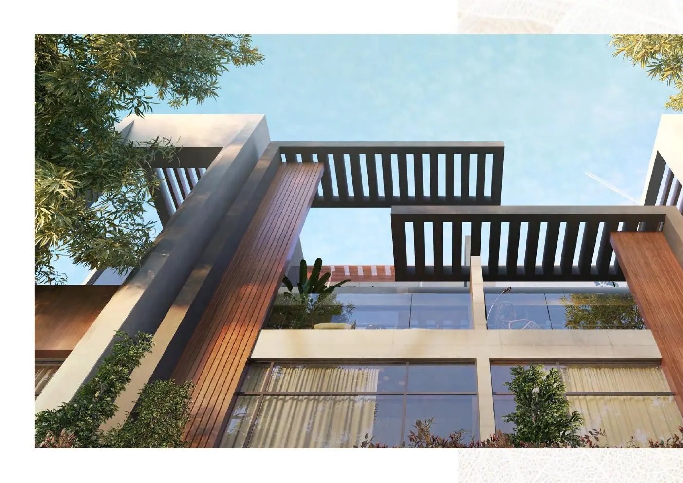 Looking up at townhouse wood and glass facade