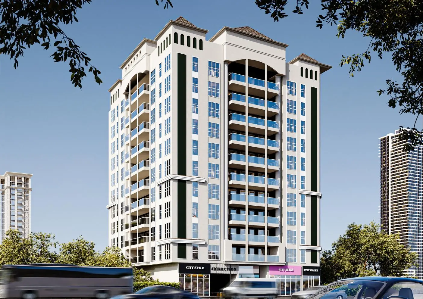 Full facade of the building with balconies and gables