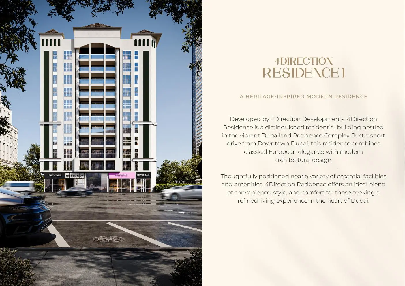 Street view of the building facade with brochure text