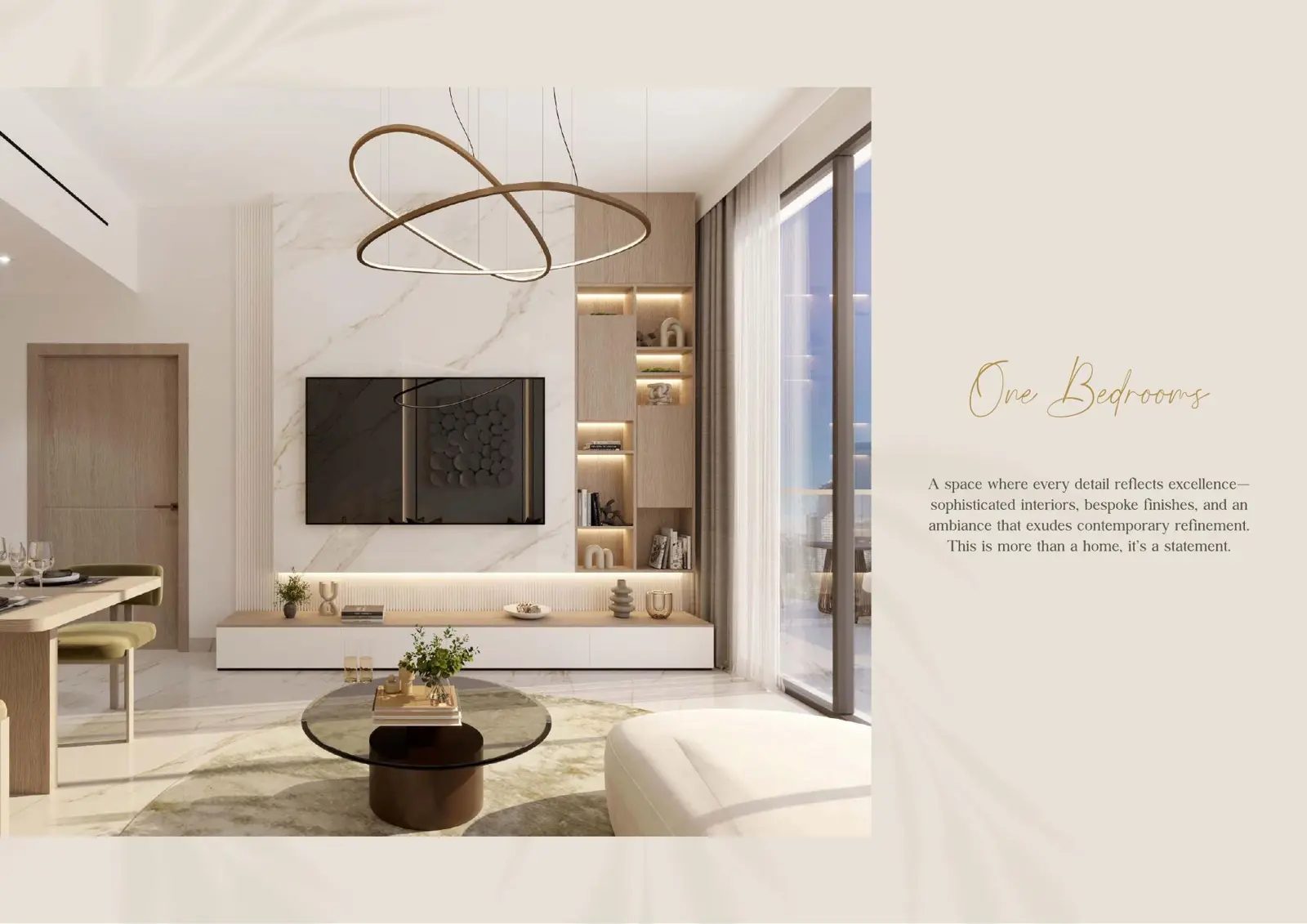 Living room with marble TV wall and ring pendant