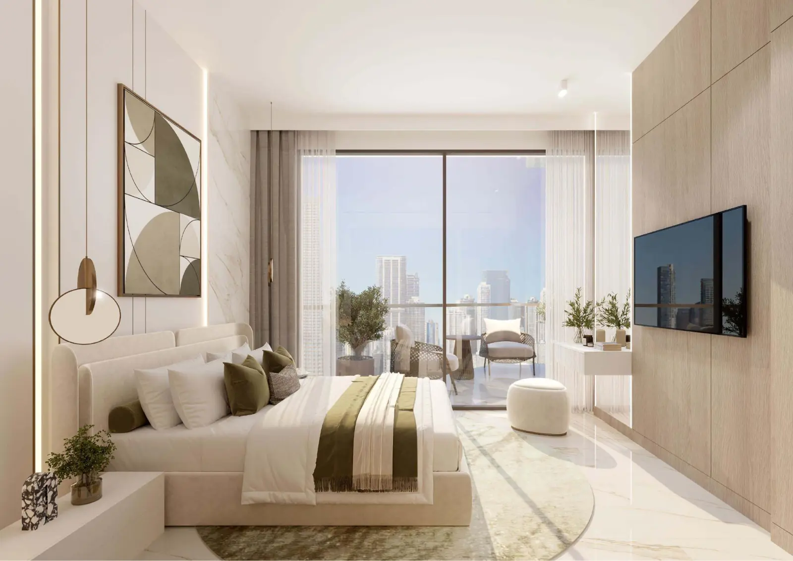 Bedroom with floor-to-ceiling window and balcony city view