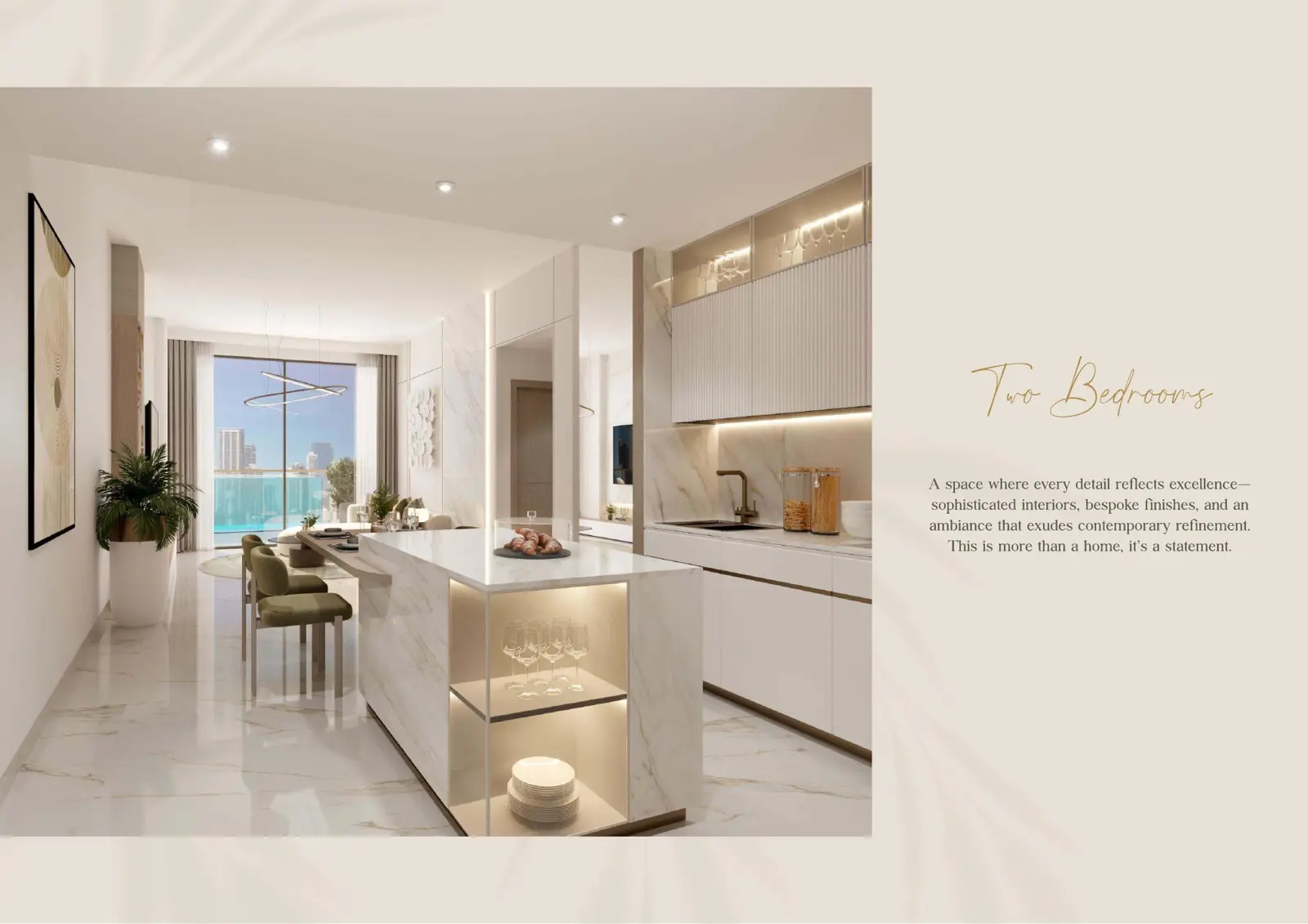 Open kitchen with marble island and water view