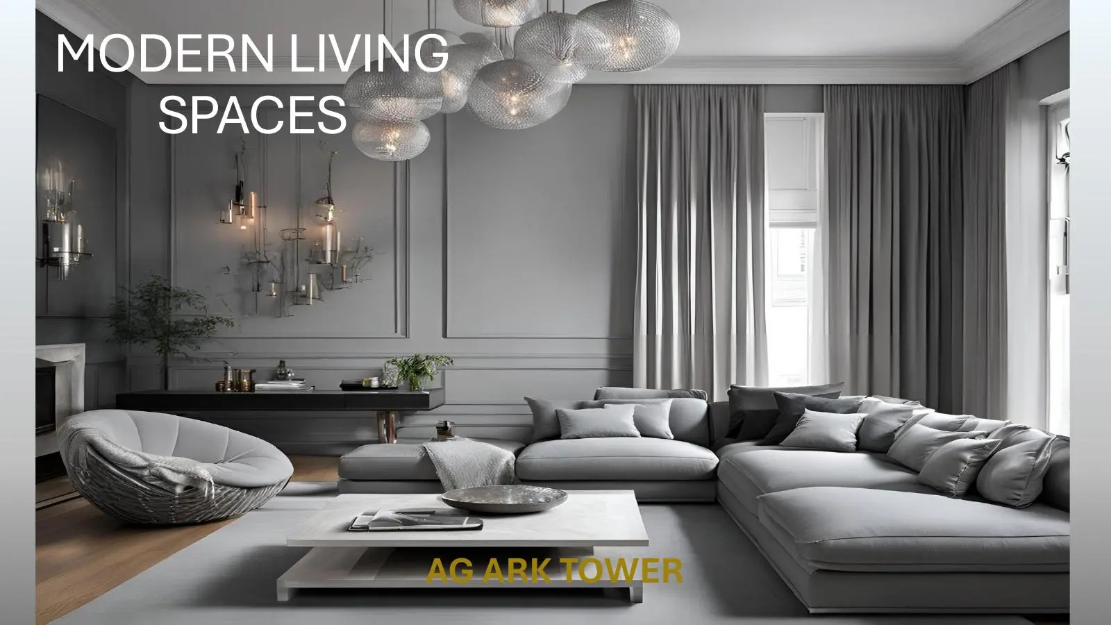 Grey living room with sofa and chandelier