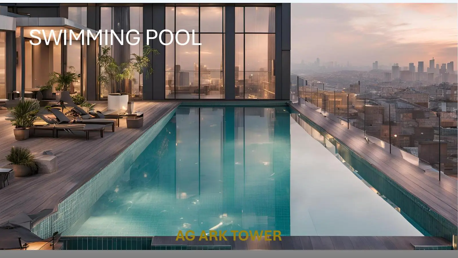 Rooftop pool with city view at dusk
