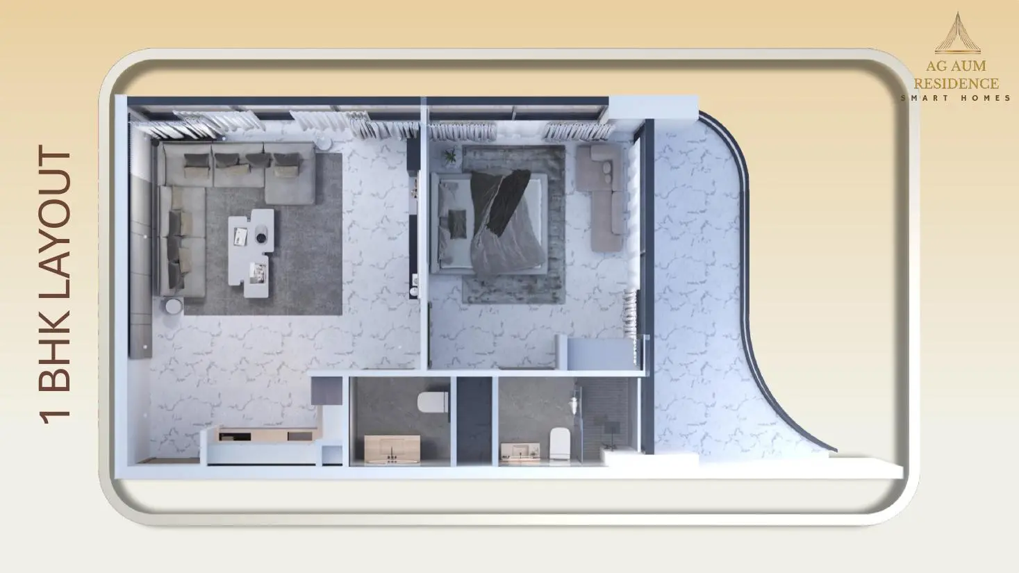 One-bedroom apartment layout in 3D