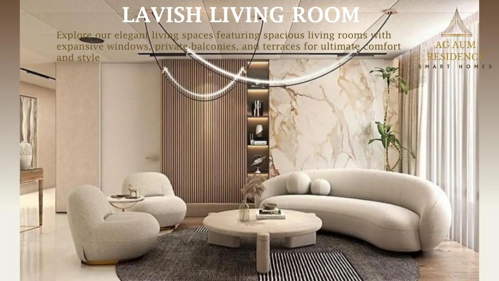 Living room with curved sofa and marble wall