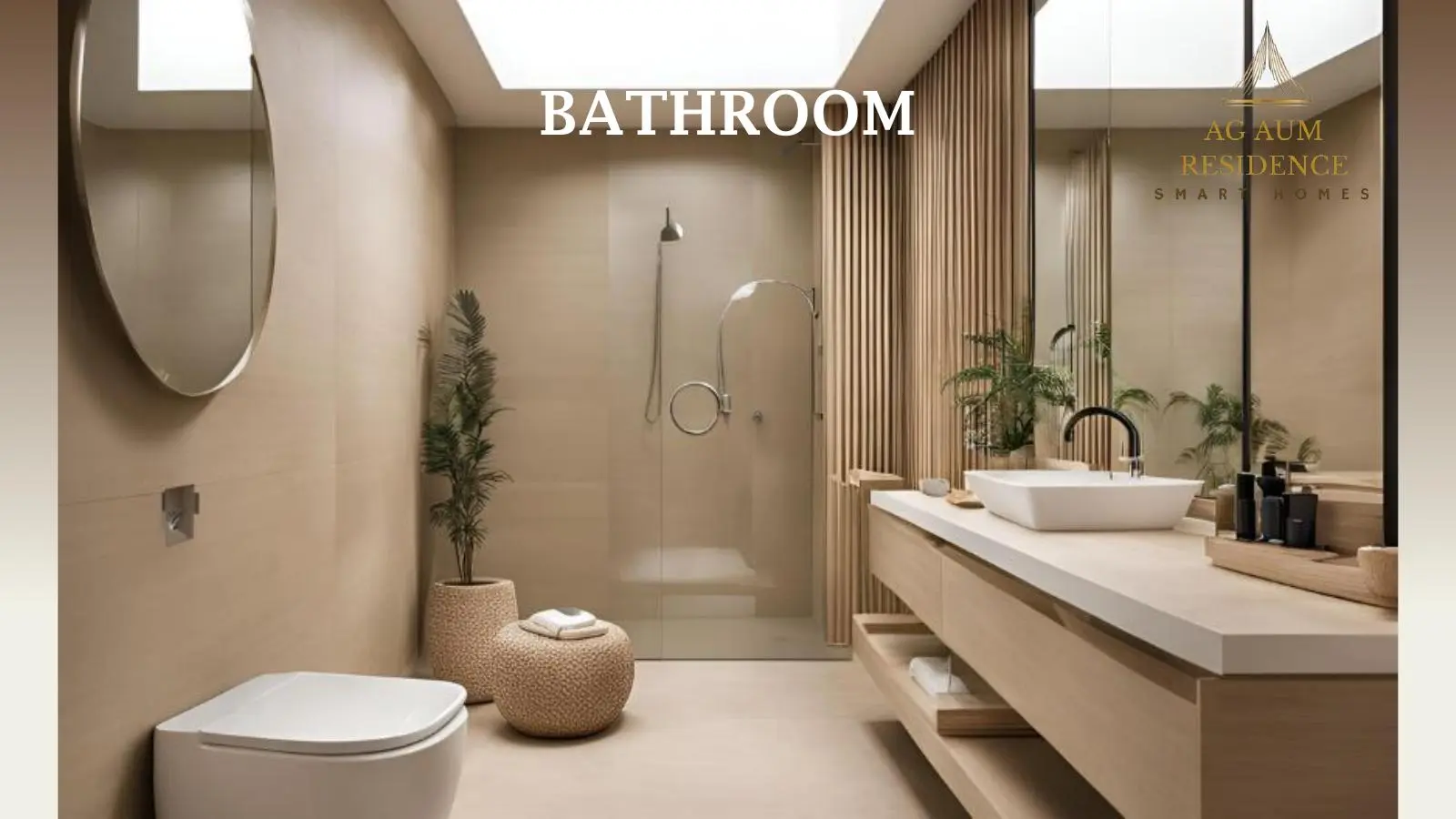 Bathroom with wooden vanity and walk-in shower