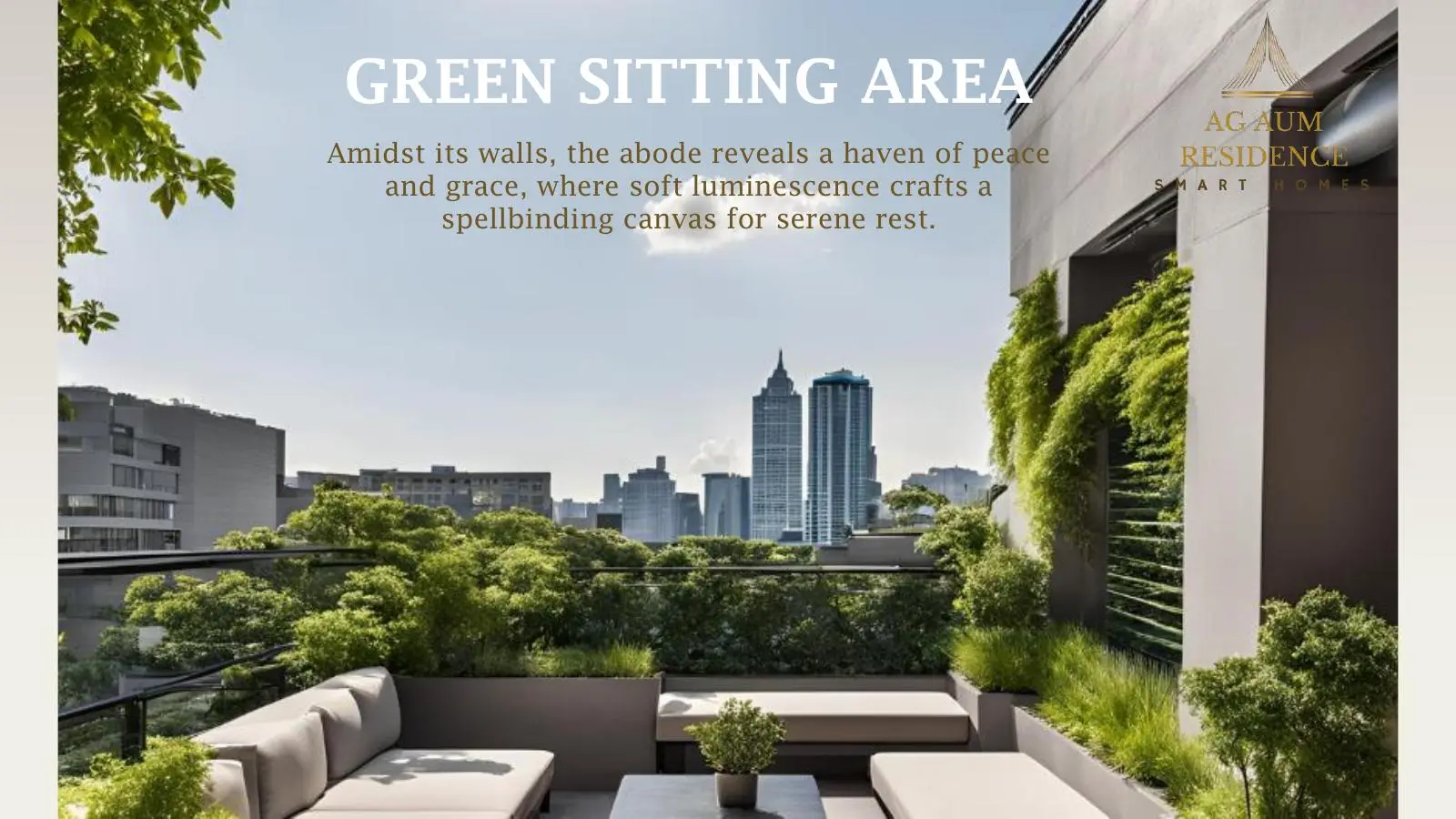 Green terrace seating area with city view