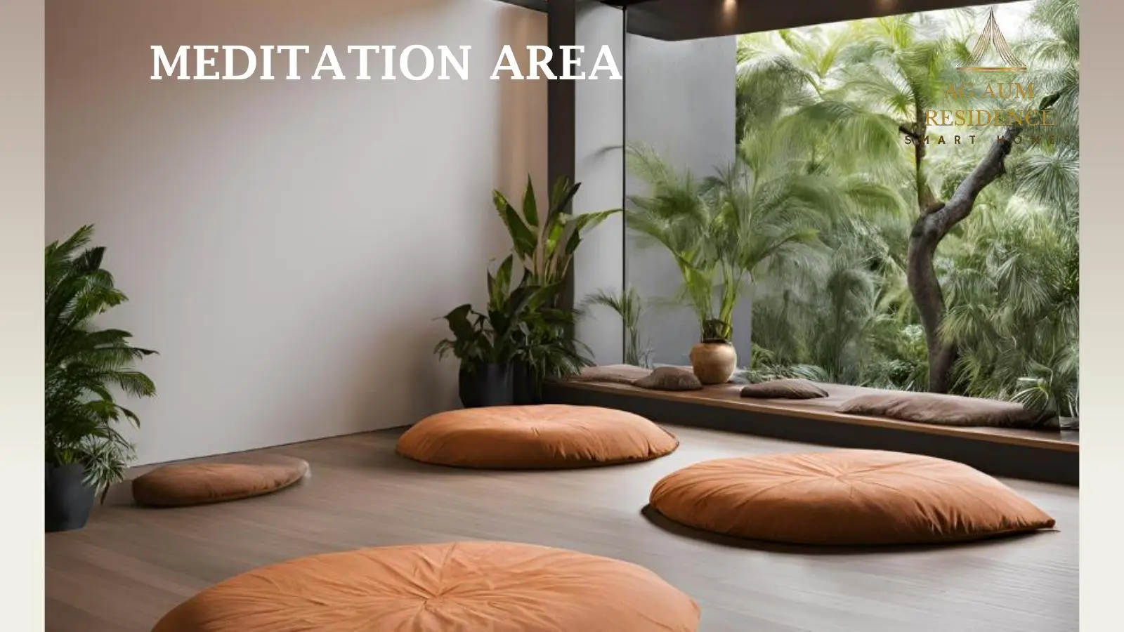 Meditation room with cushions and garden view