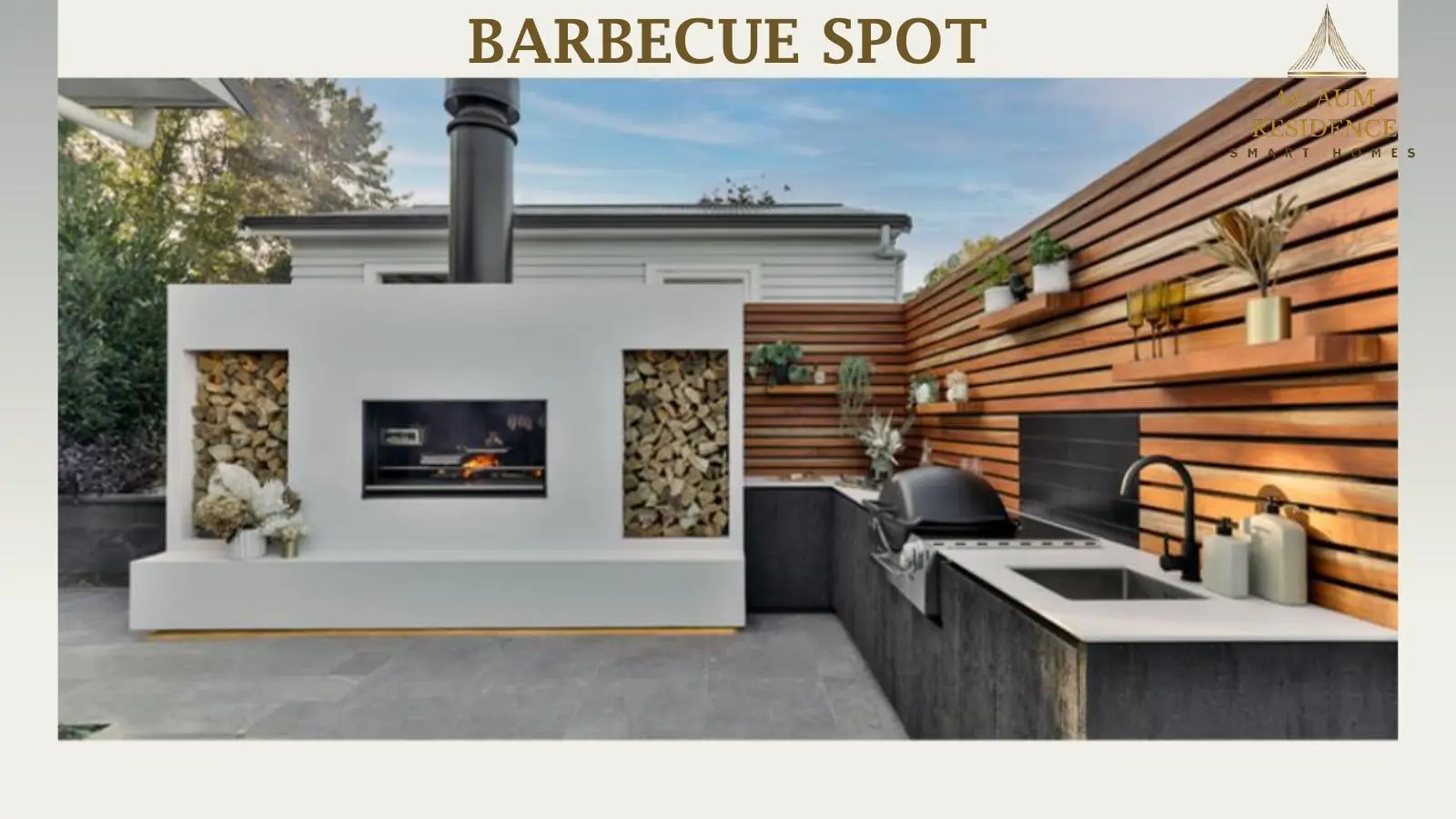 Outdoor barbecue area with fireplace and wood panels