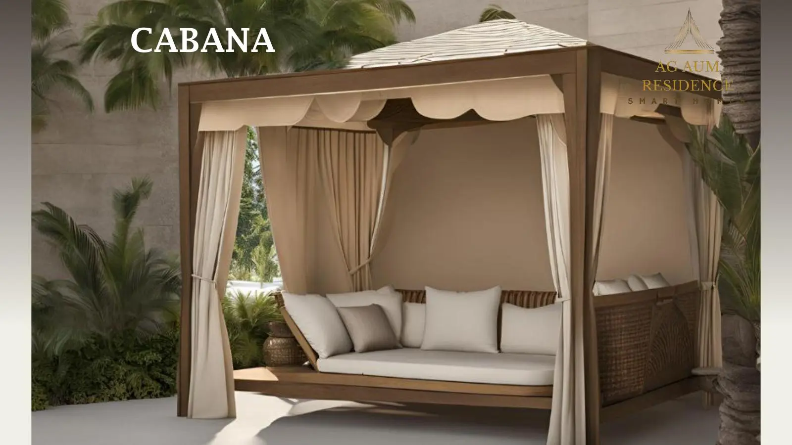 Poolside cabana with cushioned daybed