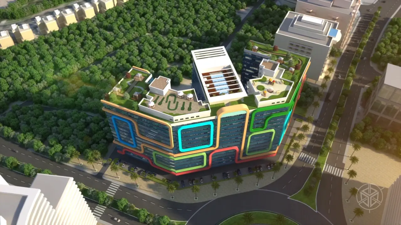 Aerial view of tower with colored bands and roof decks