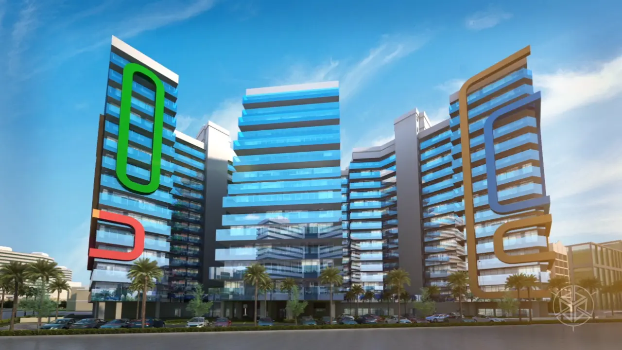 Street view of tower blocks with colored loops