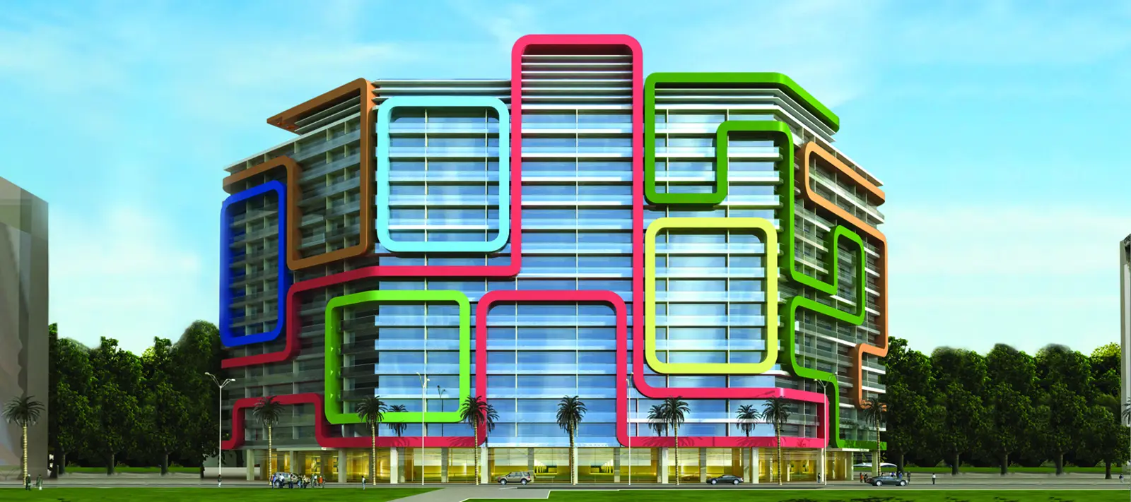 Facade with colored loop bands and palms