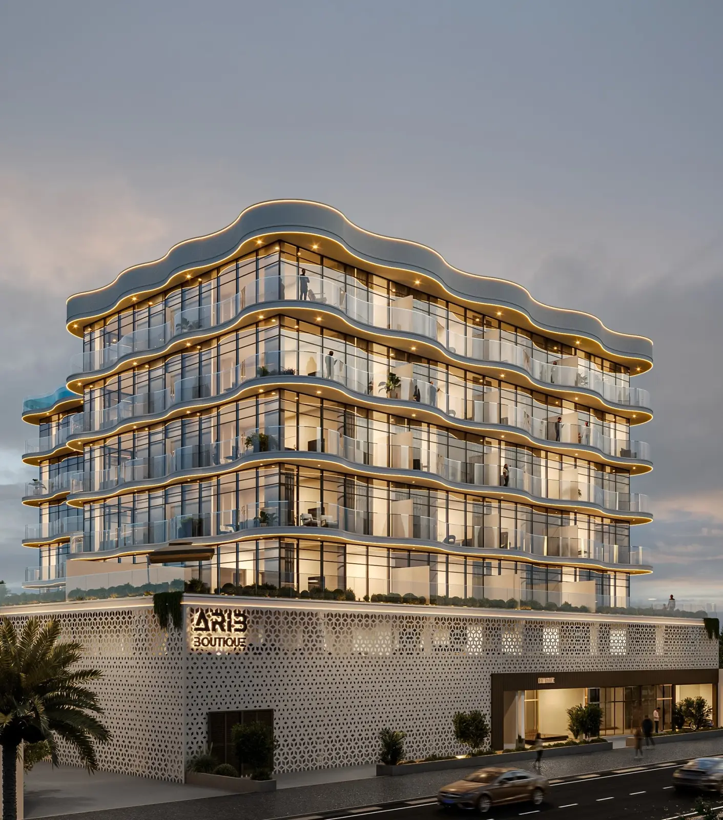 Corner view of the tower with rooftop pool edge