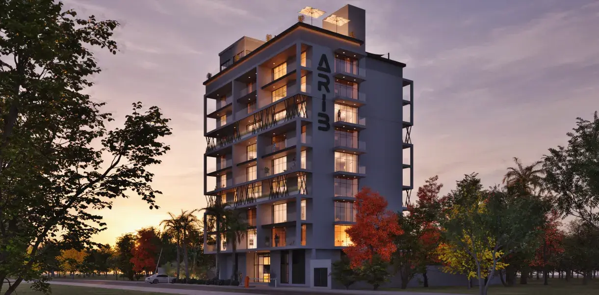 Building at sunset with ARIB sign